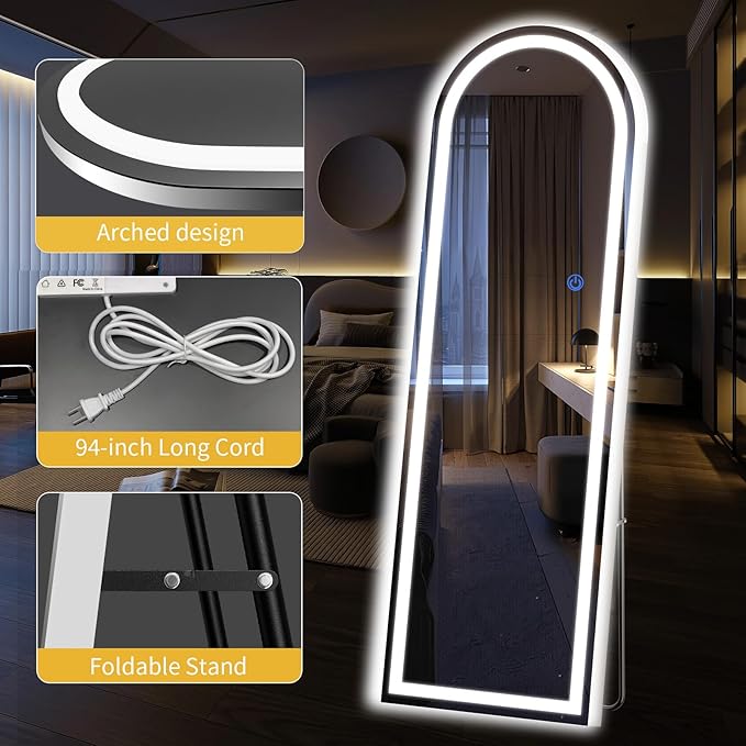 Arch Full Length Standing Mirror with LED Lights, 76"x34" Lighted Mirror with Dimming & 3 Color Lighting, Tall Mirror Full Body for Bedroom, Dressing Room