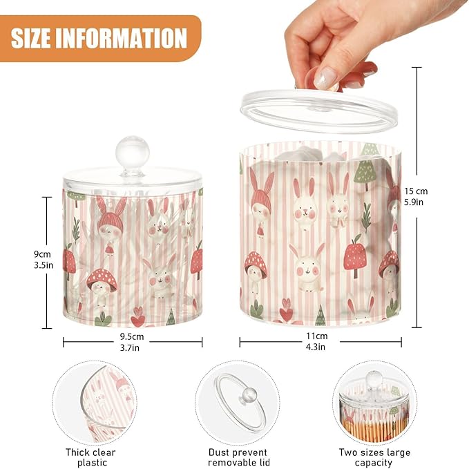 Childish Bunny Blush Color Stripe Clear Plastic Makeup Organizer Storage with lid Pantry Essentials Decorative small storage bins for Cotton Swabs,Cotton Pads,Floss Picks,Paper Clips,Hair
