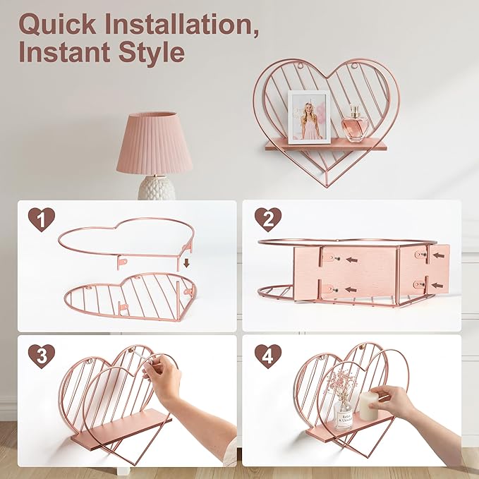 Afuly Floating Shelves for Wall, Cute Heart Wall Shelf Pink Funky Organizer Small Hanging Trinket Storage Aesthetic Room Decor for Bedroom Bathroom Hallway Entryway Vanity, Rose Gold