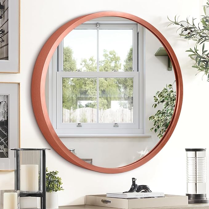 JJUUYOU Circular Wall Mirror Decorative Round Mirror for Bathroom Round Mirrors Small Red Decor Circle for Wall Metal Framed Make up Mirrors for Farmhouse Living Room Bedroom Dorm 16Inch