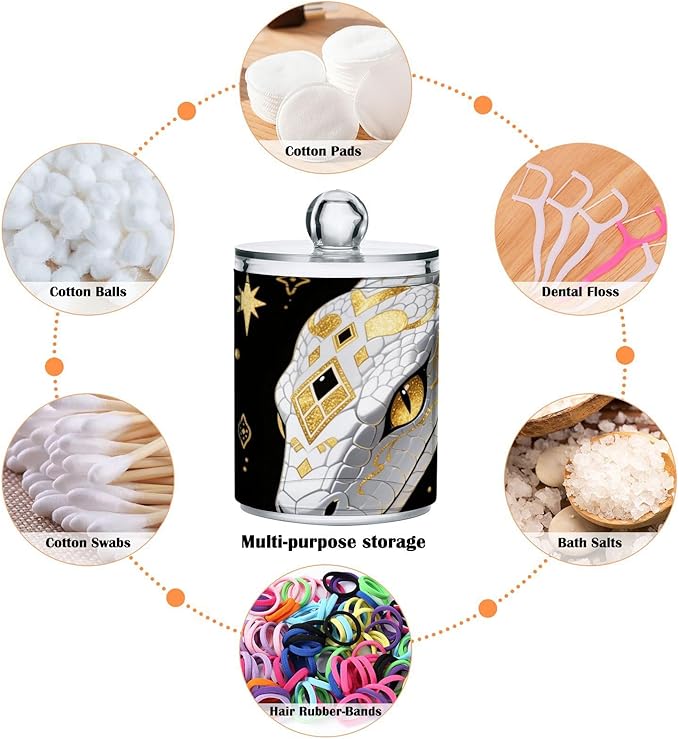 2 Pack Apothecary Jars Art White Snake Bathroom Vanity Storage Organizer Set,Small Clear Plastic Storage Jars Bathroom Canister for Cotton Swabs, Rounds, Balls, Qtips,Makeup Sponges, Flossers,B