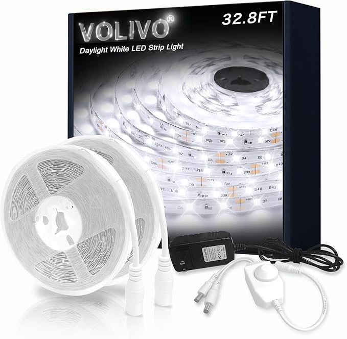 VOLIVO White LED Strip, 32.8ft Dimmable LED Strip 6500K Bright Daylight White, Strong Adhesive, Flexible Tape Light for Mirror, Kitchen Cabinets, Bedroom