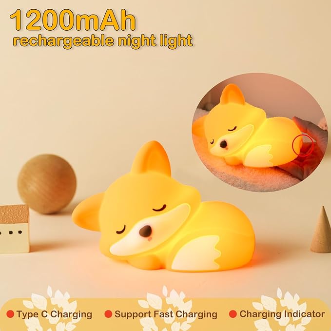 VoMii Fox Night Light for Kids, Cute Fox Lamp Silicone Baby Nursery Night Lamp, Dimmable Squishy Touch Bedside Lamps, Adorable Rechargeable Animal Lamps Gifts Kawaii Room Decor for Kids Girls Boys