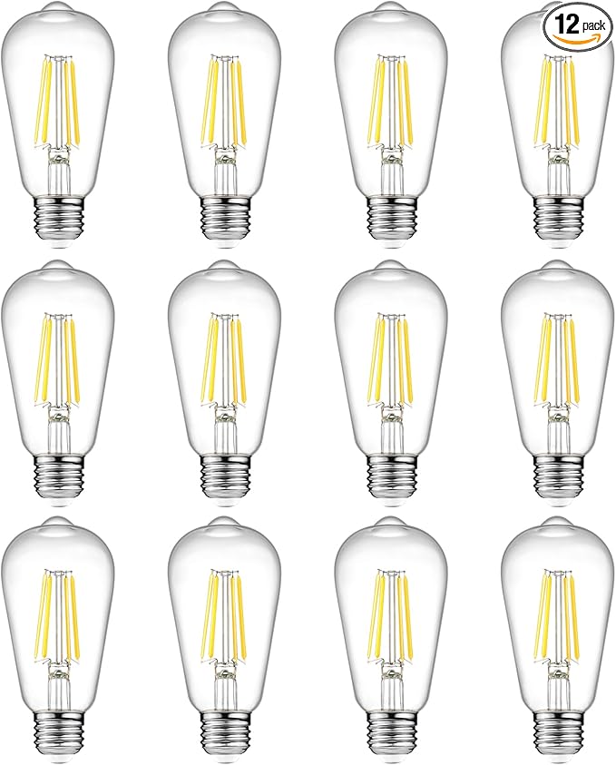 Ascher 12 Pack Vintage LED Edison Light Bulb 60W Equivalent, Decorative Antique Filament Light Bulbs with 80+ CRI, Cool White 4000K, 700 Lumens, E26 Base, Non-Dimmable