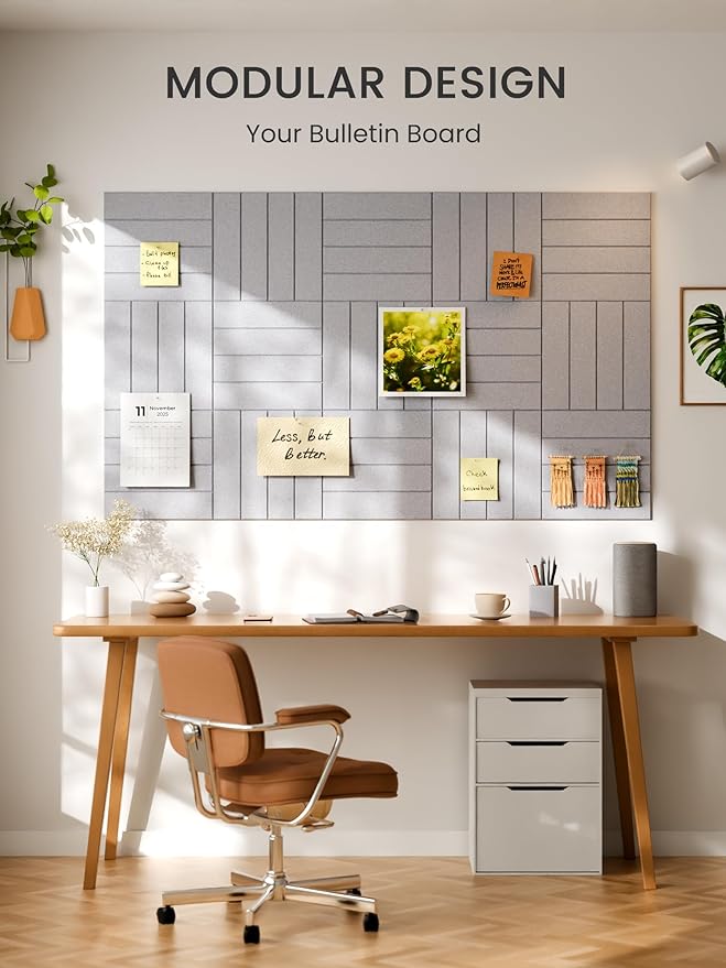 Bumusty Large Cork Board Alternative-48 x 36" Felt Bulletin Board Tiles, with 30 Pushpins, 70 Adhesive Tabs, Bold-Stripe 12-Pack, Cork Boards for Office Push Pin Board Felt Board-Soft Gray