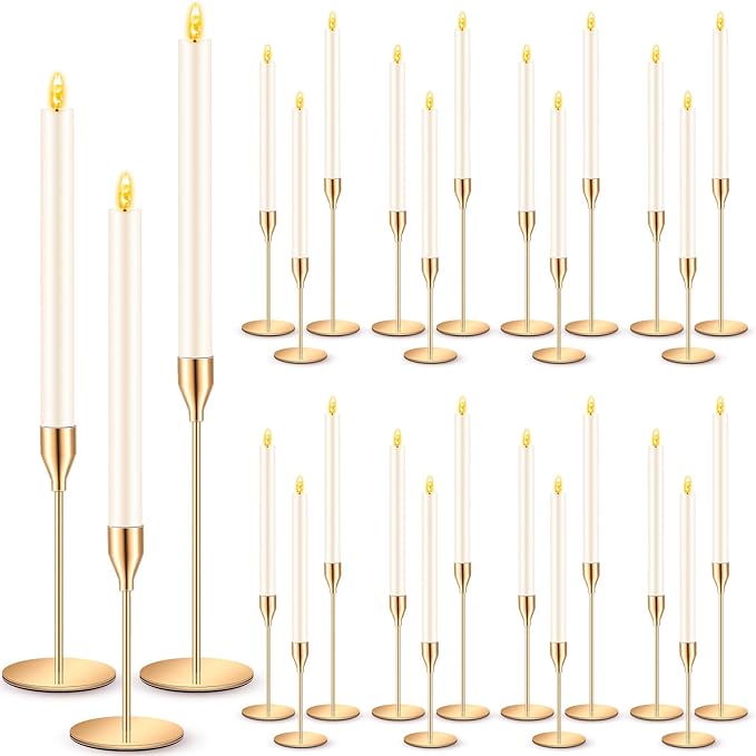 FillTouch 30 Pcs Gold Candlestick Holders with Flameless LED Candles Bulk Includes 15 Metal Candle Holders 15 Ivory Battery Operated Taper Candles for Wedding Valentines Table Centerpieces Home Decor