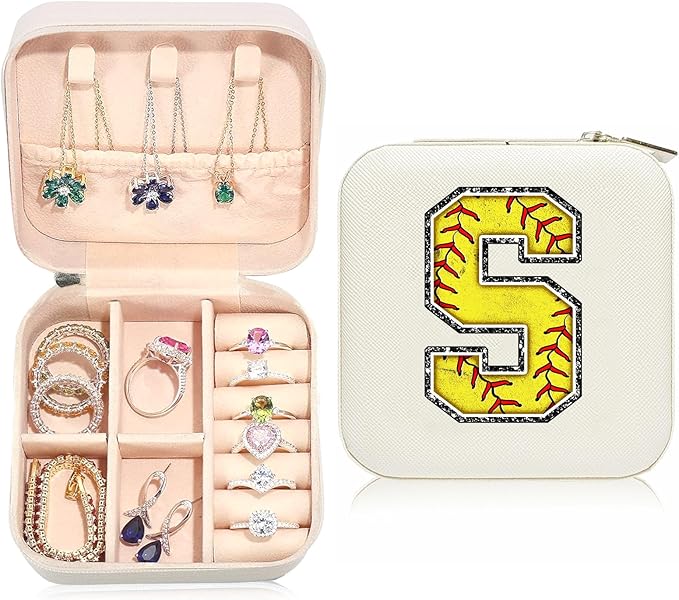 Softball Initial S Travel Jewelry Case,Valentine's Day Gift Softball Gifts for Teen Easter,Jewelry Box Personalized Softballs Accessories Letter Birthday Gifts for Players Coach Team Mom