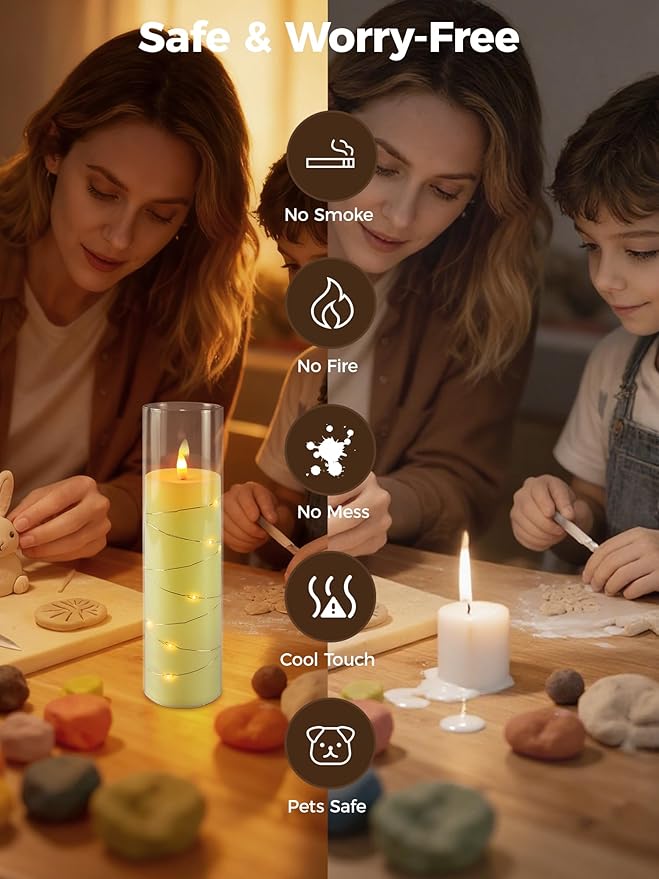 uuffoo 5 Pcs Flameless LED Candles with Timer Remote Flickering Flameless Candles with Embedded Star String, 3D Wick Acrylic Battery Operated LED Pillar Candles for Wedding Party Home Decor