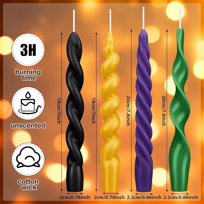 Nuanchu 4 Pcs Twisted Taper Candles Wax Unscented Smokeless Spiral Swirl Candlesticks for Wedding Holiday Dinner Party Home Decorations(7.87 Inch,Pure,Mardi Gras)