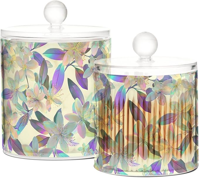 Hologram Flower Purple Clear Plastic Makeup Organizer Storage with lid Bathroom Essentials Decorative Dental floss storage jar for Cotton Swabs,Cotton Pads,Floss Picks,Paper Clips,Hair Clips 2
