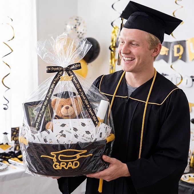 Colingmill 2026 Graduations & Nurses Week Gift Basket Empty to Fill, Woven Rope Basket 15" x 11" x 6" Decorative Storage Baskets with Gift Bag, Bow, Tissue Paper & Year Charm (Black,Gold,Graduation)