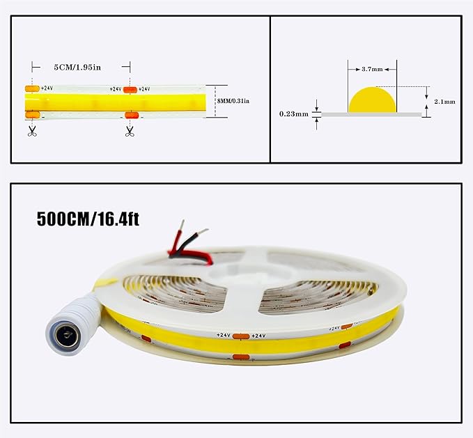 24V COB LED Strip Light White 6000K IP20 Uniform Light Emitting 480LEDs/M 16.4FT/5M CRI90 Flexible Can be Cropped LED Light Strip Cabinet Home DIY Lighting Projects (White 6000K)