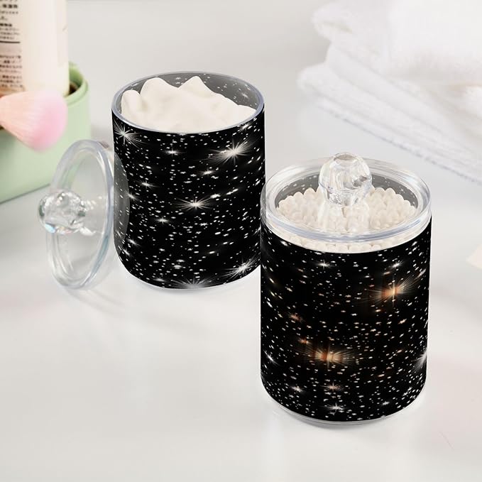 Nander 4Pack Spark Star Background Qtip Holder Dispenser -Clear Plastic Apothecary Jars Set - Restroom Bathroom Makeup Organizers Containers for Cotton Swab, Ball, Pads, Floss