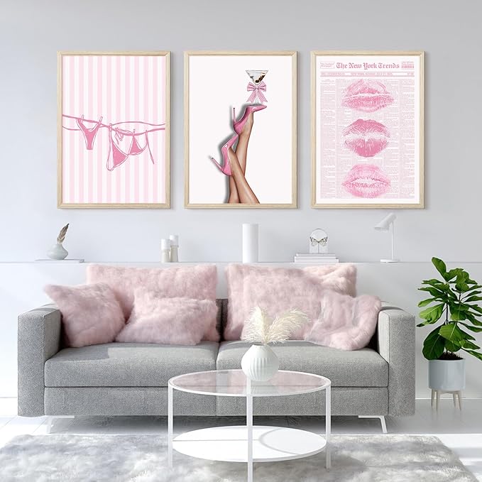 Pink Coquette Wall Art Decor Trendy Aesthetic Posters Preppy Funky Y2k Canvas Wall Art Decor Bow Girly Room Pictures Coquette Bikini Lips Prints Pink Artwork for Dorm Bedroom 16x24x3 Inch Wood Framed