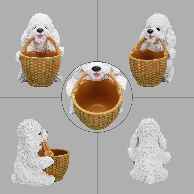 Dog Resin Storage Basket, Desktop Organizer for Remote & Keys, Cute Home Decor Tray, Ideal present for Pet Lovers.(White Poodle)