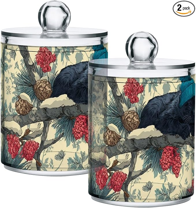 2 Pack Apothecary Jars Overly Cute Vintage Birds Bathroom Vanity Storage Organizer Set,Small Clear Plastic Storage Jars Bathroom Canister for Cotton Swabs, Rounds, Balls, Qtips,Makeup Sponges,