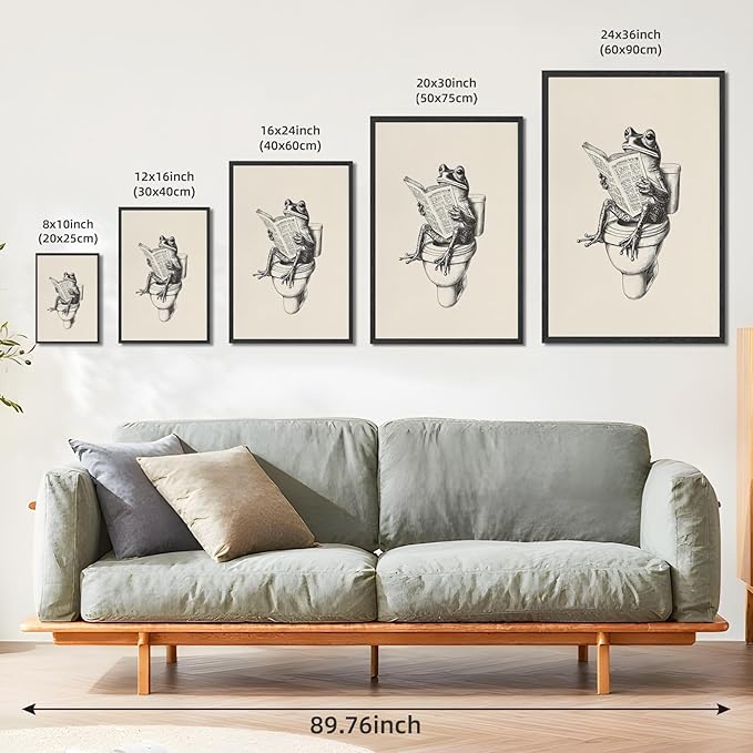 RINMFEO Funny Frog Bathroom Canvas Art Retro Frog on Toilet Reading Newspaper Quirky Wall Decor Playful Animal Poster 16x24inch Black frame