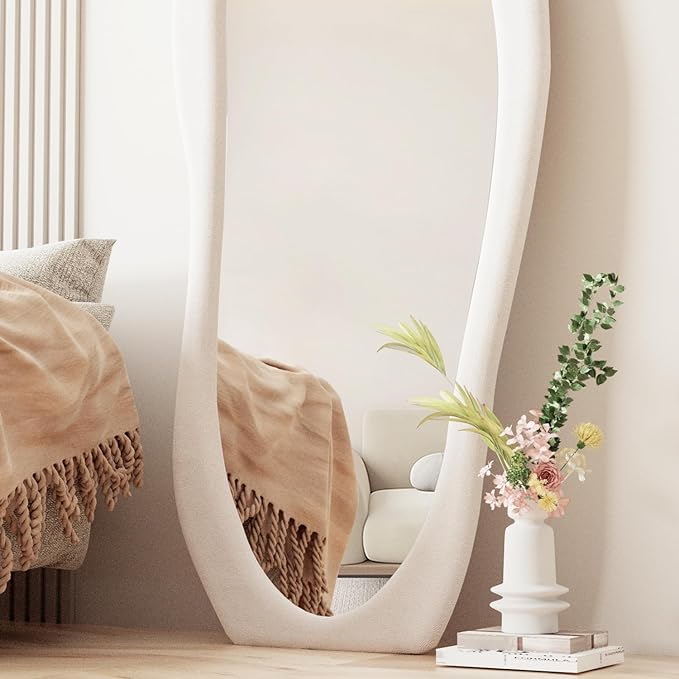 Dewfig Full Length Mirror, 63" x 24"Irregular Mirror, Large Floor Length Mirrors Wall Mounted, Standing Mirrors with Flannel Wrapped Wooden Frame for Bedroom/Living Room, White