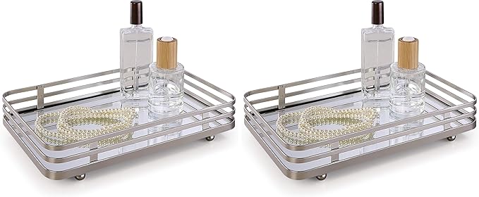 SunnyPoint Classic Decorative Vanity Perfume Dresser Jewelry Organizer Makeup Mirror Tray (Satin Nickel) (Pack of 2)