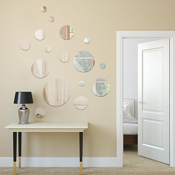 Jetec 16 Pcs Real Glass Round Mirror Tiles Frameless Round Wall Mirrors Glass Mirror Tiles Wall-Mount Mirrors with Acrylic Double Sided Adhesive for Bedroom Bathroom Craft
