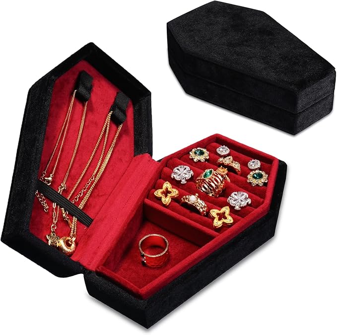 Gothic Coffin Jewelry Box for Women Plush Velvet Travel Jewelry Organizer Small Portable Case for Rings Earrings Necklaces Witchy Room Decor Spooky Gift Dark Academia Aesthetic Jewelry Holder