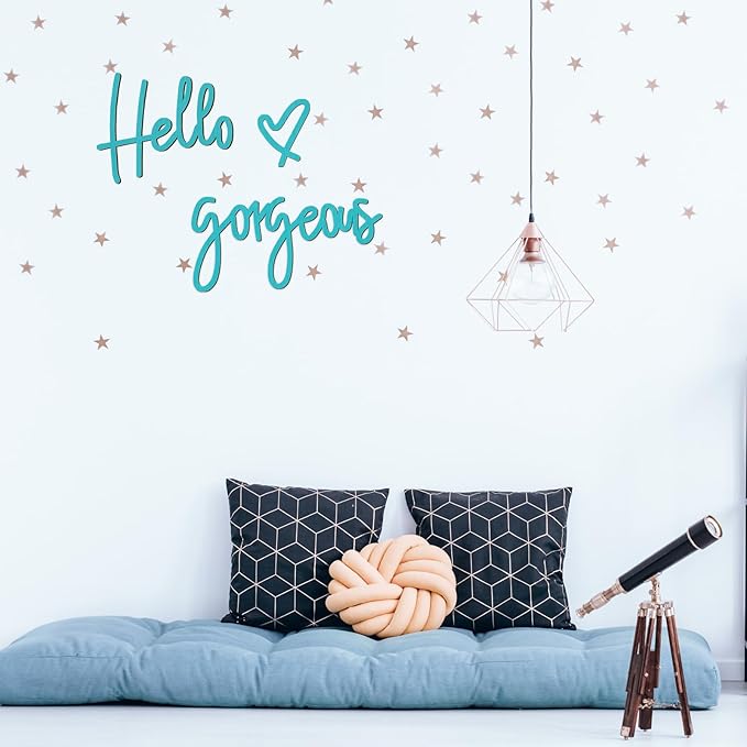 Blulu Hello Gorgeous Wall Decor Sign Hello Gorgeous Wall Art Minimalist Wooden Words Decor for Lash Room, Salon, Vanity or Makeup Room, Bathroom, Bedroom, Office(Blue)