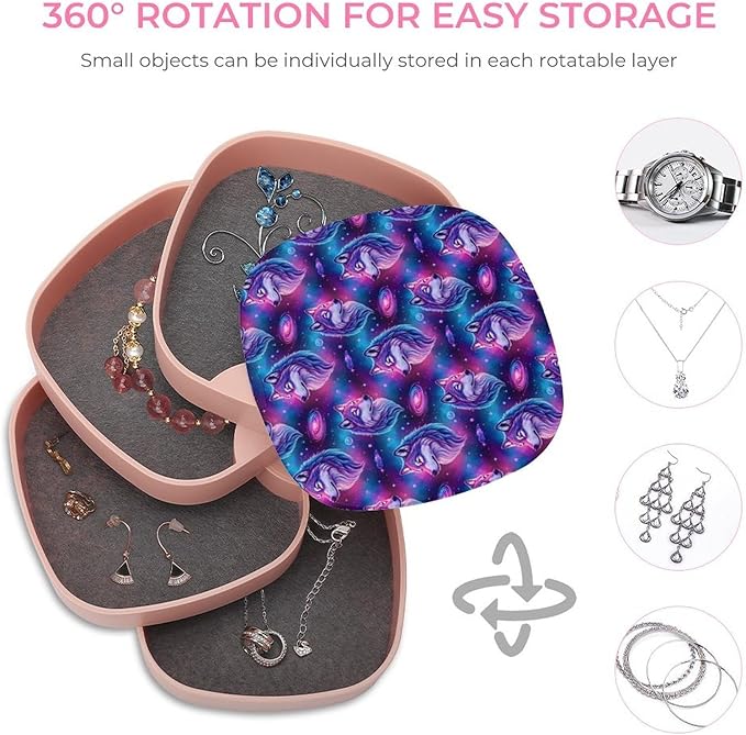 4 Layer Rotating Jewelry Organizer Purple Universe Galaxy Magic Wolf in The Space Ring Necklace Earring Bracelet Holder Box for Men Women
