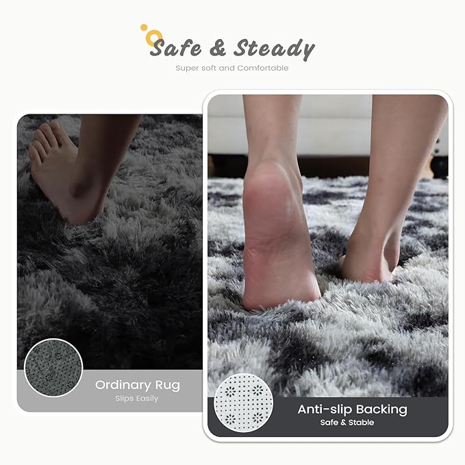 Modern Soft Fluffy Small Shaggy Rug for Bedroom Livingroom Dorm Kids Room Indoor Home Decorative, Non-Slip Plush Furry Fur Area Rugs Comfy Nursery Accent Floor Carpet 5X7 Feet, Tie-Dyed Deep Grey