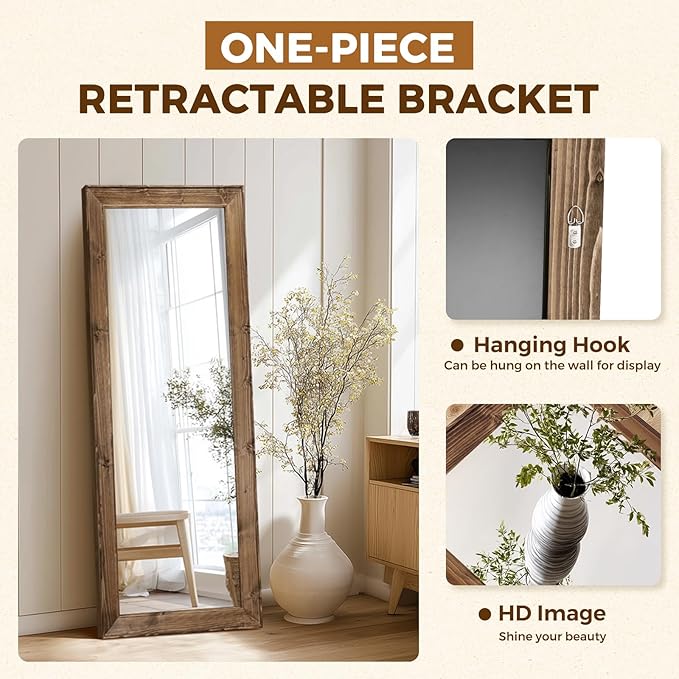 Full Length Mirror 58"x22" - Beveled Edge Rustic Brown Dressing Mirror, Solid Wood Frame, Wall Mounted or Leaning for Bedroom, Entryway, Living Room