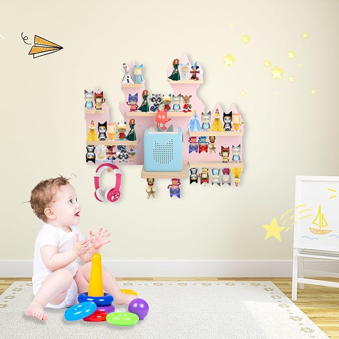 for Toniebox 2 and Toniebox 1 Tonie Shelf Wall Mounted Set,Tonies Figures Tonies Storage,Magnetic Wooden Floating Shelves Compatible with Tonie box Player Character for Children Room (pink-castles)
