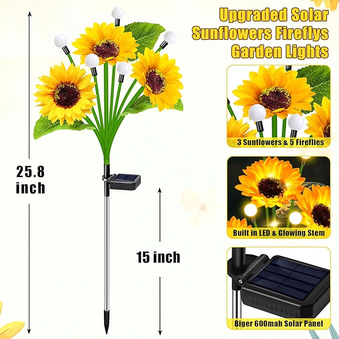 EDOF 6 Pack Sunflower with Firefly Lights,Solar Lights Outdoor Garden Decor,Solar Flowers Lights Waterproof,Sunflowers Birthday Gifts for Mom Women,Decorative Stakes Fairy Lights for Yard Patio Lawn