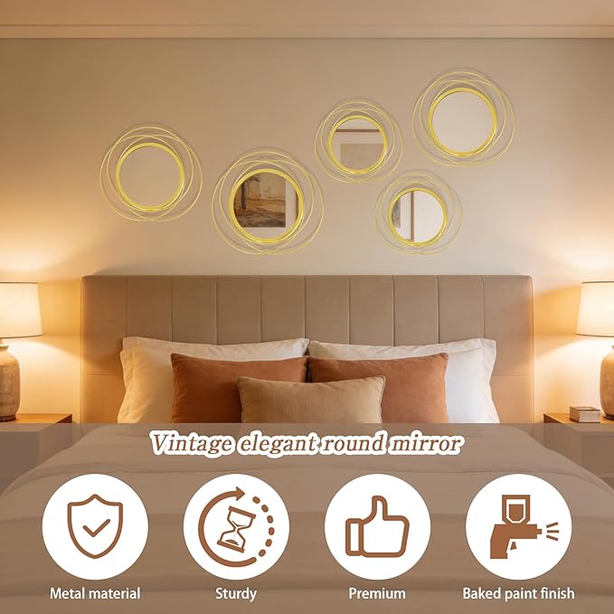 5 Pcs Decorative Round Modern Gold Circle Mirror Metal Wall Mounted Mirror Wall Art Ring for Hallway, Entryway, Living Room, Dining Room, Bedroom
