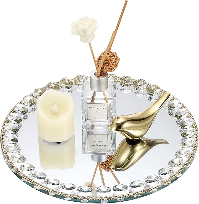Hipiwe Mirror Glass Vanity Tray Sparkling Crystal Perfume Tray Round Decorative Tray Gorgeous Makeup Organizer Tray Jewelry Trinket Tray for Bathroom Dresser Table, 10.6 inch