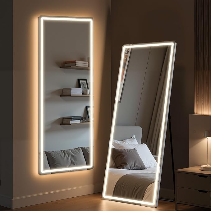 Full Length Mirror with LED Lights, 60"x16"Floor Mirror with Dimming & 3 Color Lighting, Free Standing Floor Mirrors, Lighted Full Body Mirrors for Bedroom, Dressing Room, Cloakroom