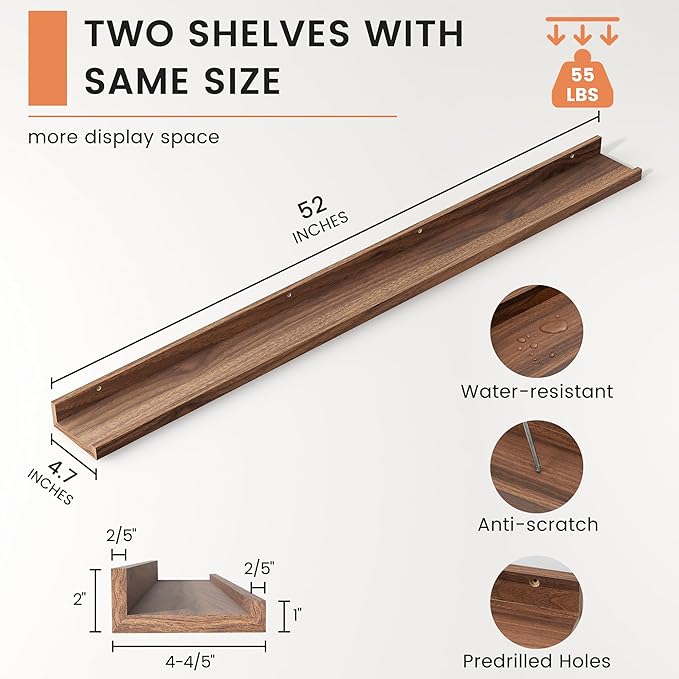 FLYJOE Picture Ledge Shelf, Floating Shelves Set of 2, 52 Inches Nursery Book Shelves for Toys Storage, Kids Bookshelf Wall Mounted for Living Room Bedroom Decor Books Photo Frames, Walnut