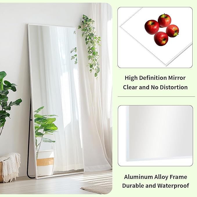 Sunniry Full Length Mirror with Stand, Full Body Mirror with Aluminum Metal Frame, Standing Mirrors for Bedroom, Livingroom, Bathroom, Hallway, Cloakroom, Wedding. (56x16 inch, White)