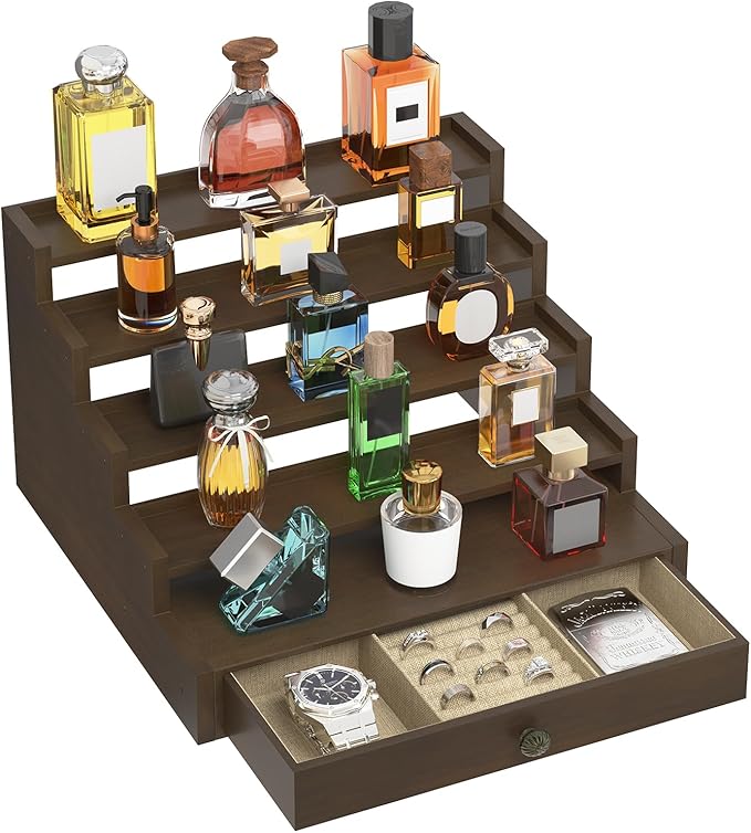 MODOWEY Perfume Organizer Cologne Holder Stand for Men, Wooden Wide-Spaced Shelf with Drawer, 5 Tier Large Capacity Storage Rack for Dresser Countertop, for a Neat, Accessible Fragrance Display, Brown