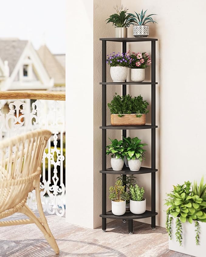 IBUYKE 5 Tier Corner Shelf Stand,Industrial Corner Display Rack,Corner Bookshelf for Living Room, Bedroom, Kitchen, Home Office, Black WBC010B