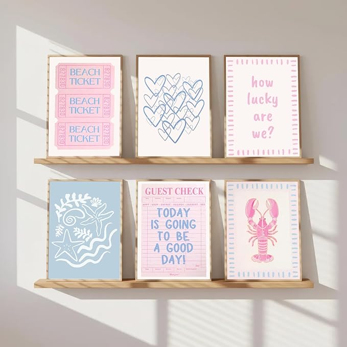 Zuowclli 6Pcs Coastal Granddaughter Wall Art Prints Pink Blue Beach Beach Preppy Wall Decor Pictures Summer Beachy Aesthetic Posters for Girly Bedroom Dorm Apartment Home Decoration Unframed 12x16in