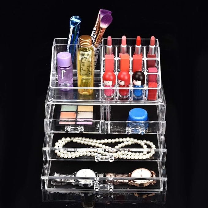 Clear Makeup Cosmetics Organizer Jewelry Storage Box, Multi Layer Jewelry Case with Drawers, Transparent Compartment Design for Dressing Table, Eco - Friendly PS Material