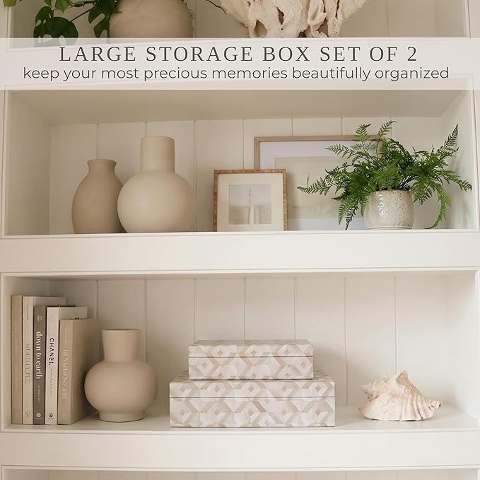 ZICOTO Decorative Storage Boxes with Lids - Set of 2 Beautiful Organizer Bins for Your Bookshelf Home Decor - Safely Store Photos, Documents and Memory Box Keepsakes on Your Shelves in Style