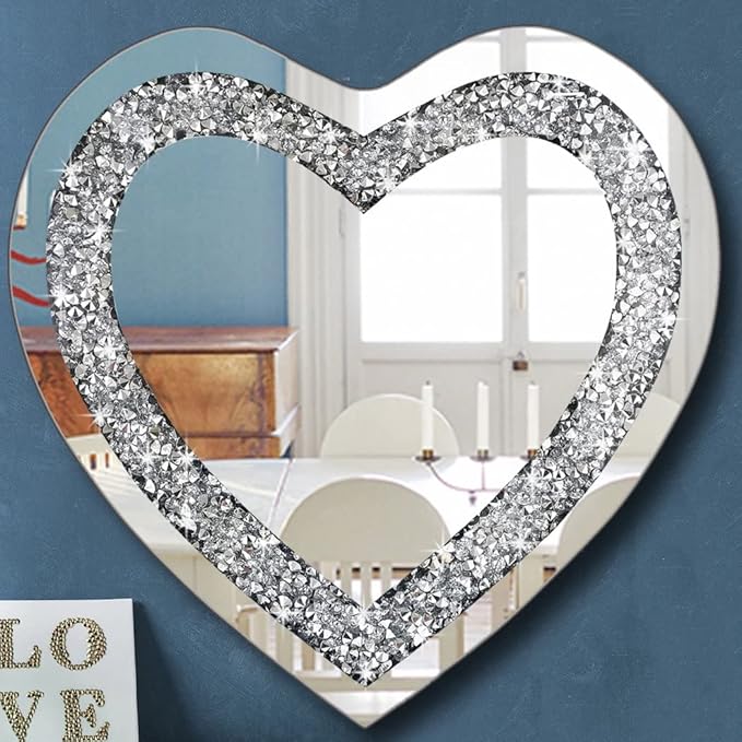 DMDFIRST Crystal Crush Diamond Heart Shaped Silver Mirror for Wall Decoration 24x24x1 inch Wall Hang Frameless Mirror Acrylic Diamond Décor.