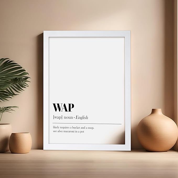 Poster Master Typography Poster - Dictionary Print - WAP Definition, Wet, Requires Bucket and Mop, Minimal, Funny - Gift for Girl, Friend - Wall Decor for Home, Bedroom, Dorm, 16x20 White Framed