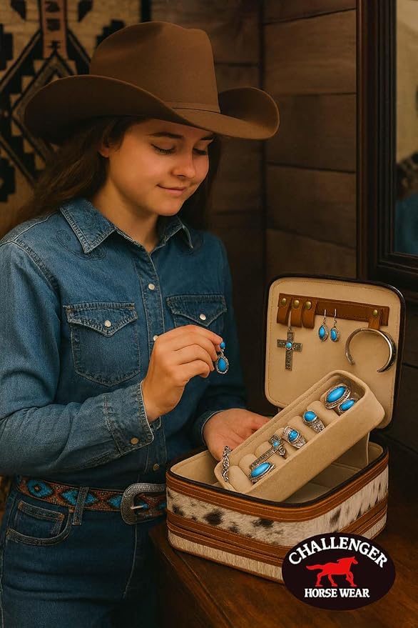 CHALLENGER Women's Western Handcrafted Deluxe Floral Tooled Cowhide Dual Jewelry Cosmetic Organizer Travel Case Box 18RSJ06