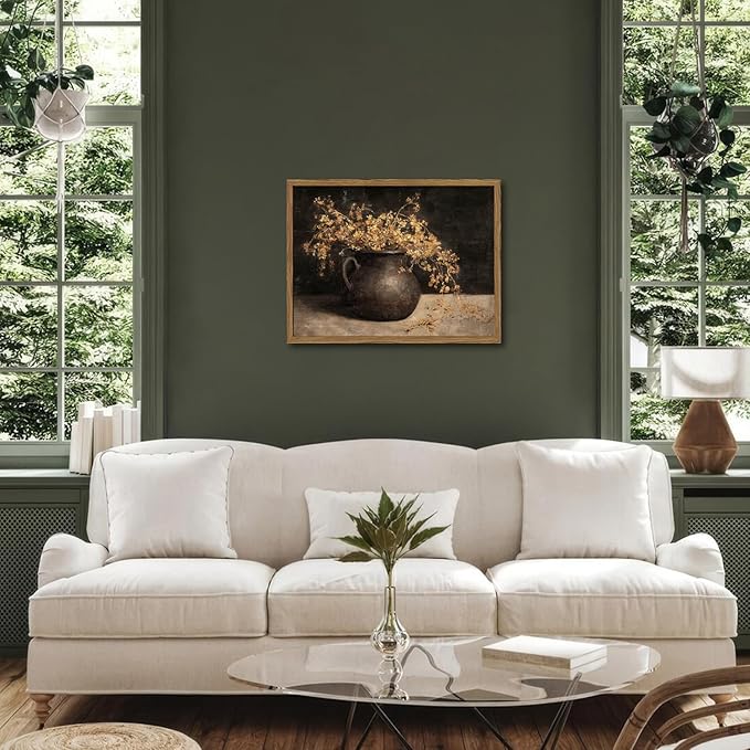 Framed Vintage Floral Wall Art, 3D Textured Sandstone Dark Still Life Flowers Wall Decor Paintings, Rustic Botanical Pictures Prints Aesthetic Home Decor for Living Room Bedroom 12x16 inch