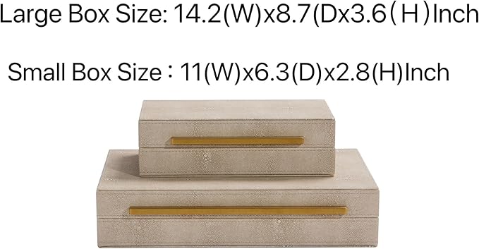 Kingflux Ivory Shagreen Leather Set of 2pcs Decorative Boxes, Storage Boxes Jewelry Organizer, Woment&Men's Accessory Organizer ，Memory Keepsake Box with Brushed Gold handle(Ivory)