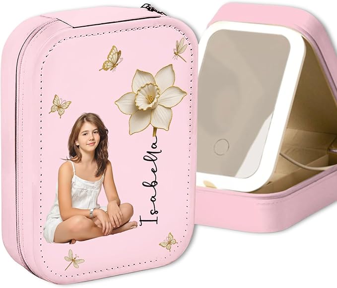 Wrappiness Women & Girls Floral Makeup Box With LED Mirror - Custom Photo Jewelry Organizer Gift for Daughters Sisters on Birthday Christmas Personalized Birthmonth Flower