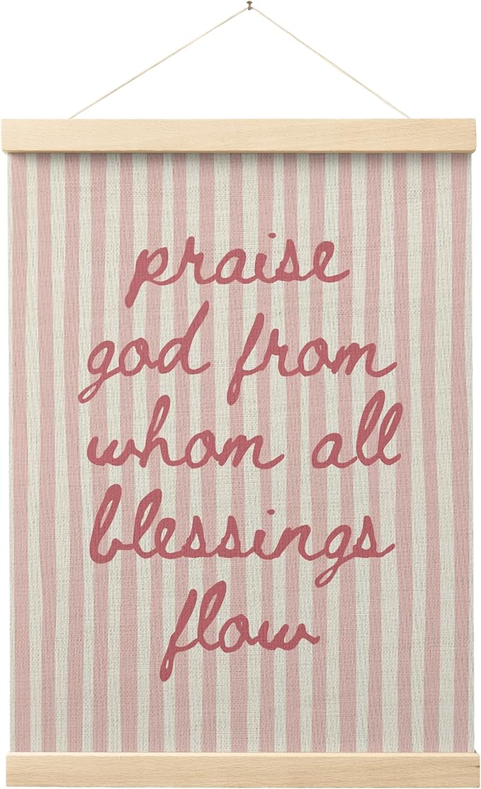 FGFK Trendy Pink Christian Wall Art Poster Hanger Frame, Trendy Striped Praise God From Whom All Blessing Flow Bible Verse Scripture Canvas Prints Framed Wall Decor for Room Home Dorm, 12x16 Inch