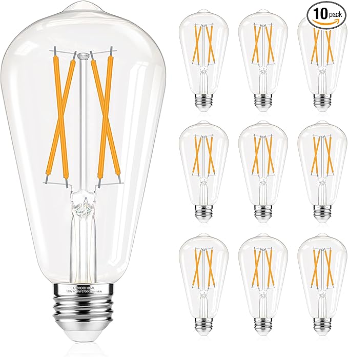 GvvooHome Dimmable LED Edison Bulbs, 2700K Warm White, 6W Equivalent to 60 watt E26 LED Bulb, ST58 Vintage Light Bulbs, 600LM, 90+ CRI, E26 Base, Clear Glass, 10 Pack