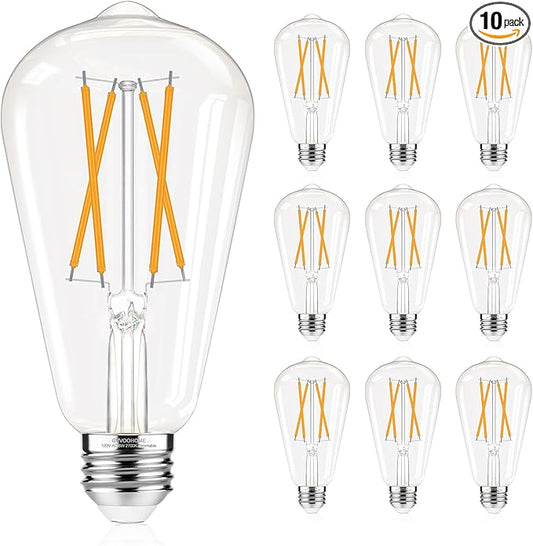 GvvooHome Dimmable LED Edison Bulbs, 2700K Warm White, 6W Equivalent to 60 watt E26 LED Bulb, ST58 Vintage Light Bulbs, 600LM, 90+ CRI, E26 Base, Clear Glass, 10 Pack